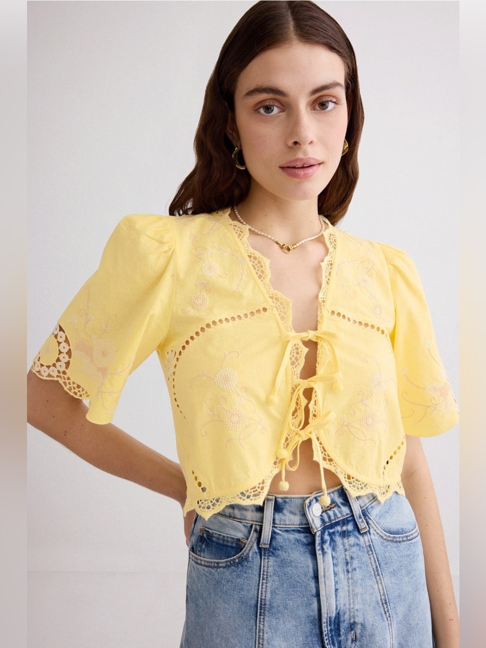 Sea New York Vesna Embroidery Top High-Rise Linen Blend Women's Shirt Sz S.